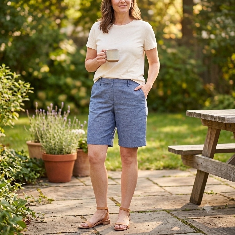 Talbots Perfect Short Blue Cotton Chambray Petite 8P‎ Mid Rise Bermuda Shorts